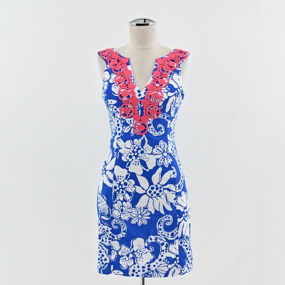 Lilly Pulitzer‎ Augusta Cotton Shift Dress Size 00 Blue Quahog Chowdah Seahorse